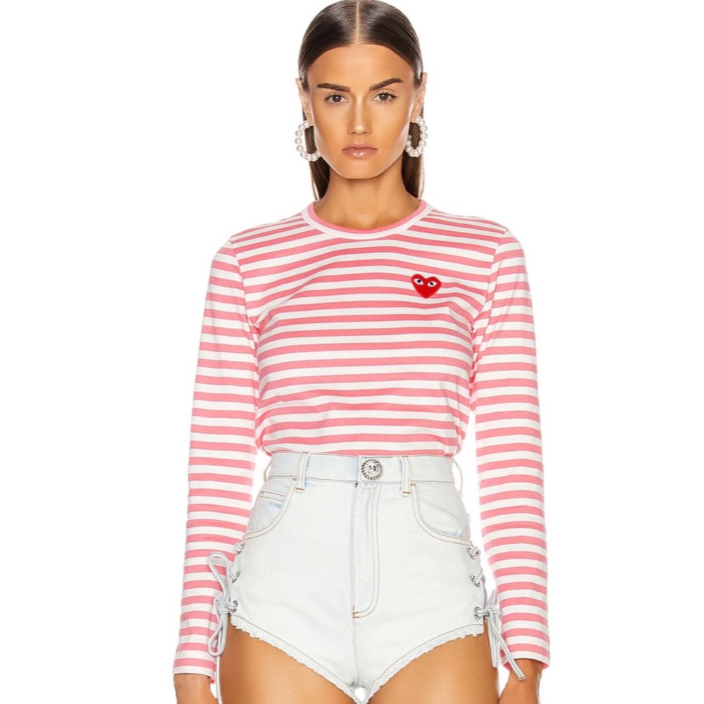 Comme des Garçons Play Long Sleeve Pink Stripe Logo Tee Size Large